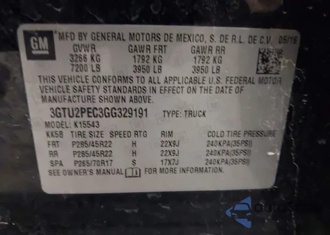 2016 GMC Sierra 1500 Denali z USA, uszkodzony, nr VIN 3GTU2PEC3GG329191